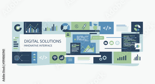 Innovative digital interface showcasing various graphs, charts, and coding elements for technology solutions