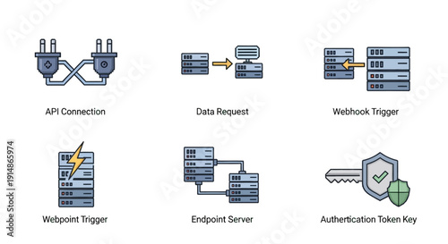 Collection of Flat Design Icons Representing API Connection, Data Request, Webhook Trigger, Webpoint Trigger, Endpoint Server, and Authentication Token Key for Technology and Business Concepts