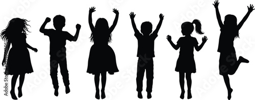 Silhouettes of happy children jumping and playing together in a row with arms raised representing joy childhood energy and friendship