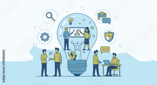 Teamworking collaboratively inside a giant lightbulb symbolizing innovative ideas and technology advancements