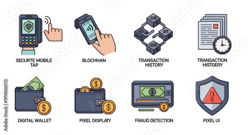 Secure digital transactions and financial management with a comprehensive set of fintech icons