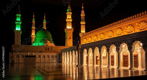 The mosque of the prophet at night in medina