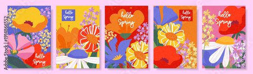 Colorful spring cards with a floral pattern. A vibrant botanical design for a holiday, invitation, or seasonal greeting. Floral background.