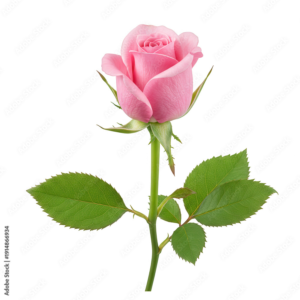 Fototapeta premium Pink rose with stem and leaves isolated on transparent background