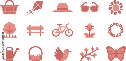 Spring Outdoor Lifestyle Icon Set with Bicycle Picnic Bird and Floral Elements Vector Collection