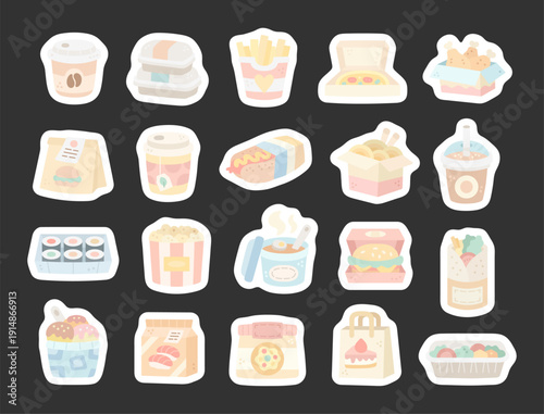 Takeaway food set in scandinavian style showing tea, container burger, pizza, fries, sushi, coffee, dessert, salad, snack, meal, packaging box