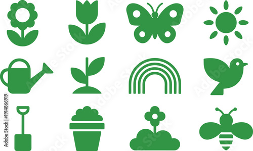 Spring Garden Solid Icon Set with Flower Butterfly Rainbow and Watering Can Vector Collection