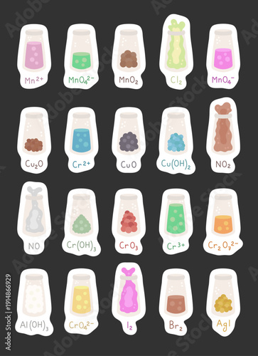 Chemical reaction set in scandinavian style featuring laboratory chemistry formulas ions oxides hydroxides molecules compounds precipitate education science test tube