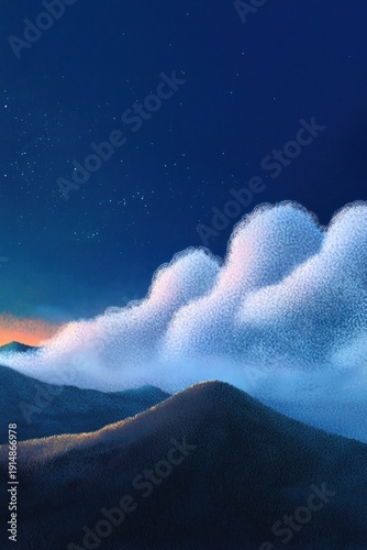 Mountain Vista at Dusk: A tranquil scene of majestic mountains silhouetted against a twilight sky, with wisps of clouds gently embracing their peaks, creating a serene and awe-inspiring landscape. 