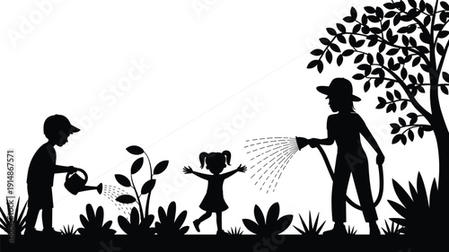 Family watering plants in garden silhouette scene, parents and children enjoying backyard gardening together, black vector illustration isolated on white background