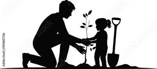 Father and daughter planting young tree silhouette, family gardening activity, black vector illustration isolated on white background, environmental sustainability concept