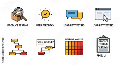 Comprehensive set of flat line icons representing user experience design, product development, usability testing, and feedback analysis processes for digital products and services