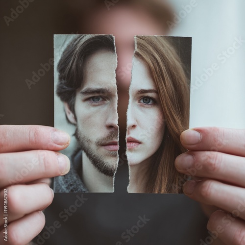 Hands holding in each one, a torn photo of half a boy's face in one hand and in the other a torn photo of a girl's face