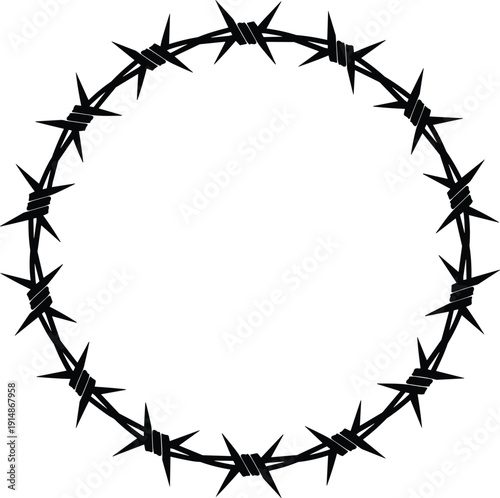 Barbed wire circle frame illustration, sharp thorn border symbol, danger warning concept, black white vector, flavector