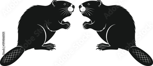 Beaver animal silhouette illustration featuring two wild rodents facing each other, forest wildlife symbol, nature mammal design, black vector art