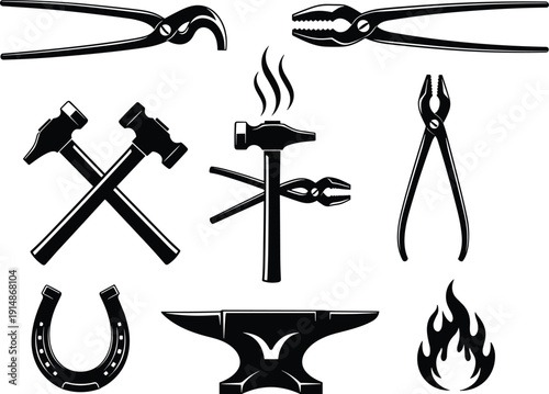 Blacksmith tools silhouette set featuring anvil hammer tongs pliers horseshoe fire black white vector illustration isolated metalwork icons