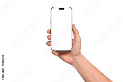 Wallpaper Mural Hand holding smartphone mockup with blank screen isolated on transparent background. Mobile phone with empty display for copy space. Torontodigital.ca