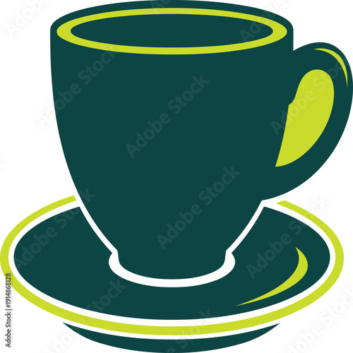 A stylized illustration of a green coffee cup with a saucer and a single biscuit Vector