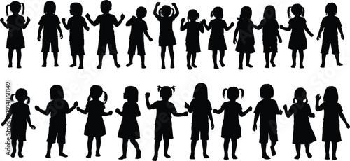 Children silhouette collection featuring playful kids standing waving jumping poses black white vector illustration isolated childhood people set
