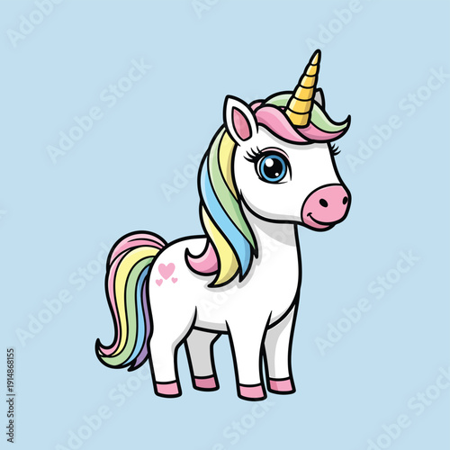 Cute Cartoon Unicorn with Rainbow Mane