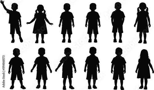 Children silhouette set featuring boys and girls standing poses, kid figures collection, childhood concept, human character outlines, black vector illustration