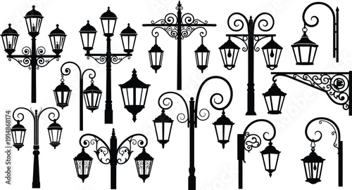 Vintage Street Lamps and Lanterns Silhouette Icons Collection Vector Illustration Set