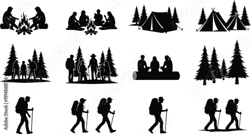 Camping adventure silhouettes set, hikers tents campfire forest outdoor activities isolated on white background vector