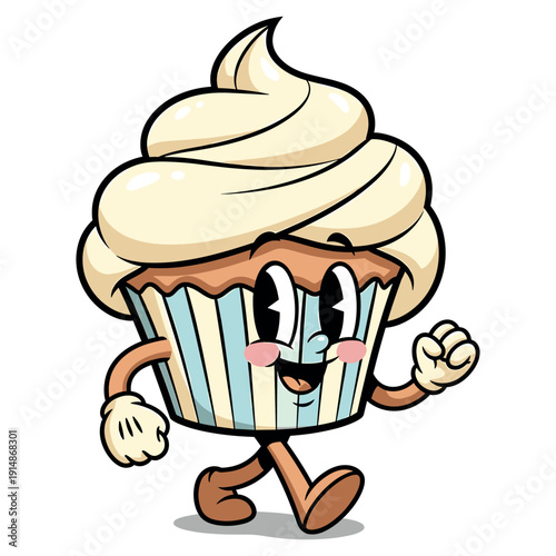 Cute cartoon cupcake character walking happily, vintage style dessert illustration