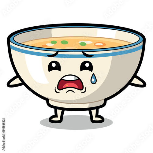 Sad crying soup bowl character, upset retro cartoon food illustration, vintage design