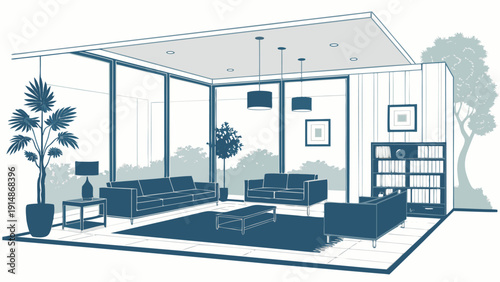 Modern minimalist living room interior design with furniture and plants