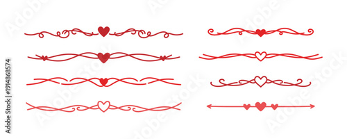 Red hand drawn horizontal dividers with hearts set. Decorative swirls and calligraphic lines for wedding invitations and romantic letters. Vector Valentine's Day borders collection.