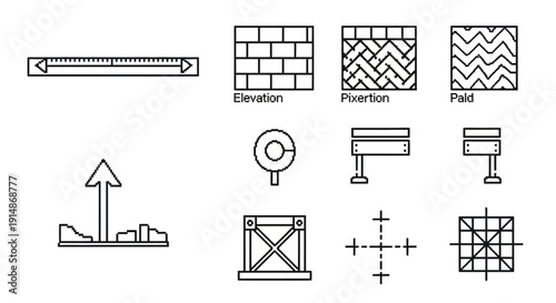 Architectural symbols and blueprints for construction and design projects, including elevation, section, and plan views