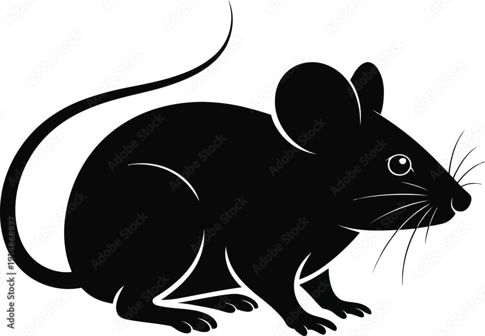 Fototapeta premium Black Silhouette of a Mouse on White Background rodent