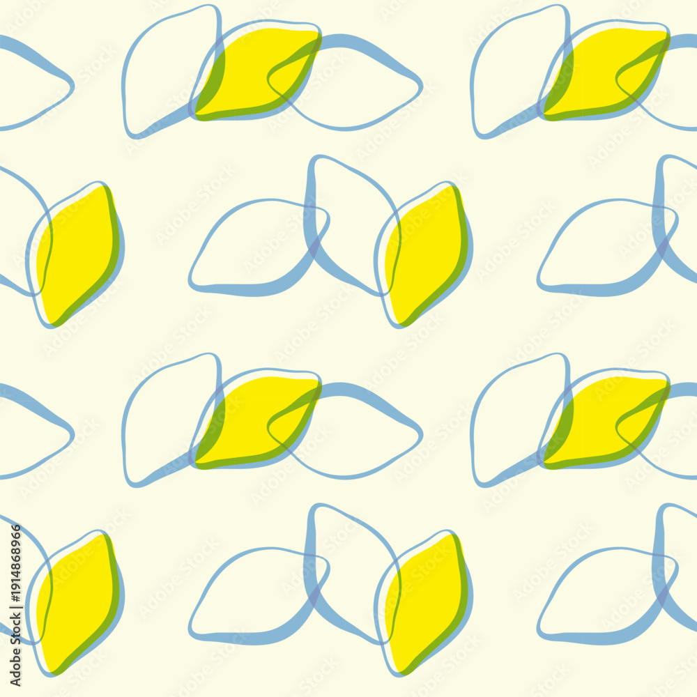 Fototapeta premium Lemons stylized pattern. Blue contour silhouette fruits on light background. 