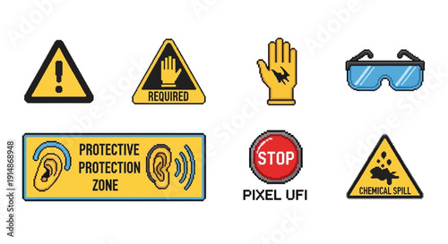 Safety signs and icons representing personal protective equipment, warnings, and hazard alerts for various environments