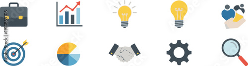 A collection of icons representing business and productivity concepts displayed on a clean white background from a straightforward viewpoint