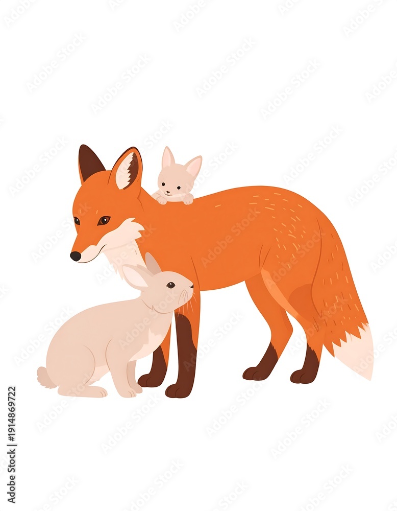 Fototapeta premium Illustration of a fox with two rabbits one sitting and one on its back. The background is white