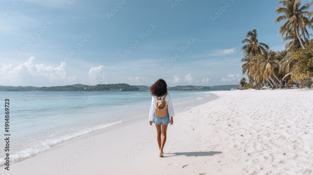 Obraz premium Back view of unrecognizable woman walking on tropic