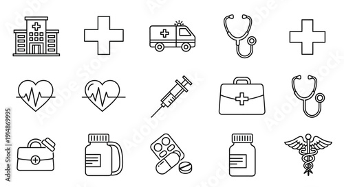 Medical equipment and healthcare line icon collection designed for hospitals, clinics, health applications, and medical presentations. This icon set includes healthcare tools such as syringe, stethosc