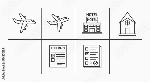 Travel and tourism icon collection designed for travel agencies, booking platforms, vacation websites, and transportation services. This modern flat icon set includes symbols representing airplane tra