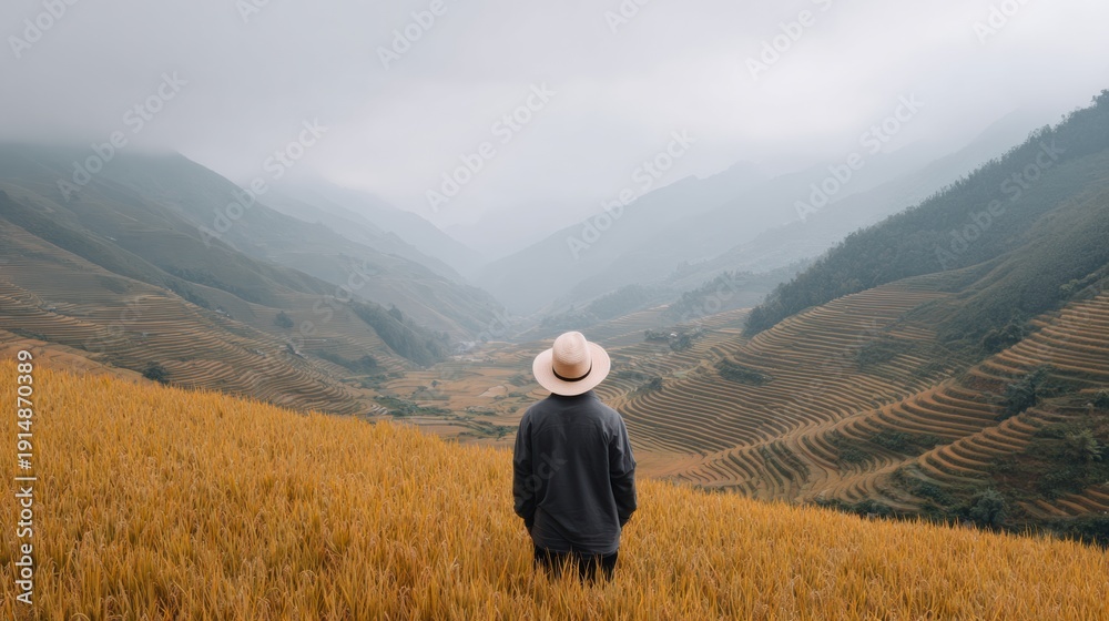 Fototapeta premium Back view of unrecognizable person enjoying mountain