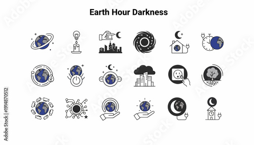 Earth Hour Darkness Icons: Planet, Switch Off, Moon, City, Energy Saving