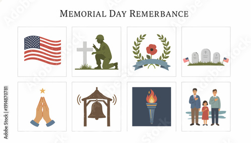 Memorial Day Remembrance Icons: Flag, Soldier, Poppy, Graves, Praying Hands