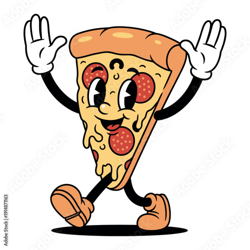 Walking pizza slice character with waving hands and cheerful expression in vintage animation style