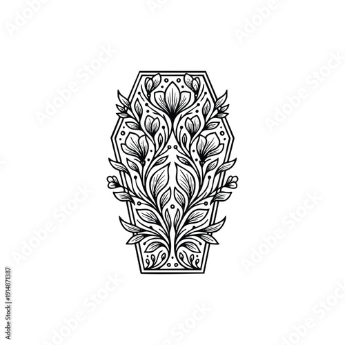 Traditional coffin silhouette intricately decorated with symmetrical floral patterns, blooming lilies, and organic leaves in black line art.