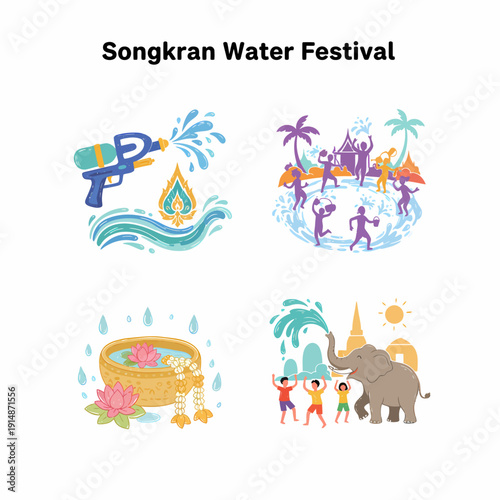 Songkran Water Festival Illustrations: Water Gun, People, Elephant, Lotus