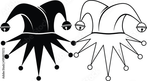 Jester hat silhouette illustration featuring classic joker headwear, carnival costume symbol, medieval fool design, black and white theatrical vector art