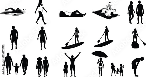 Beach activity silhouette set, people swimming, paddle boarding, building sandcastles, sunbathing, family walking, summer vacation, outdoor tropical holiday, relaxing leisure recreation.