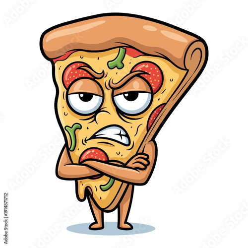 Angry pizza slice cartoon vector illustration with crossed arms isolated on white background