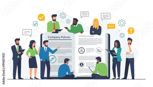 A diverse group of business people discussing and reviewing company policies and guidelines.